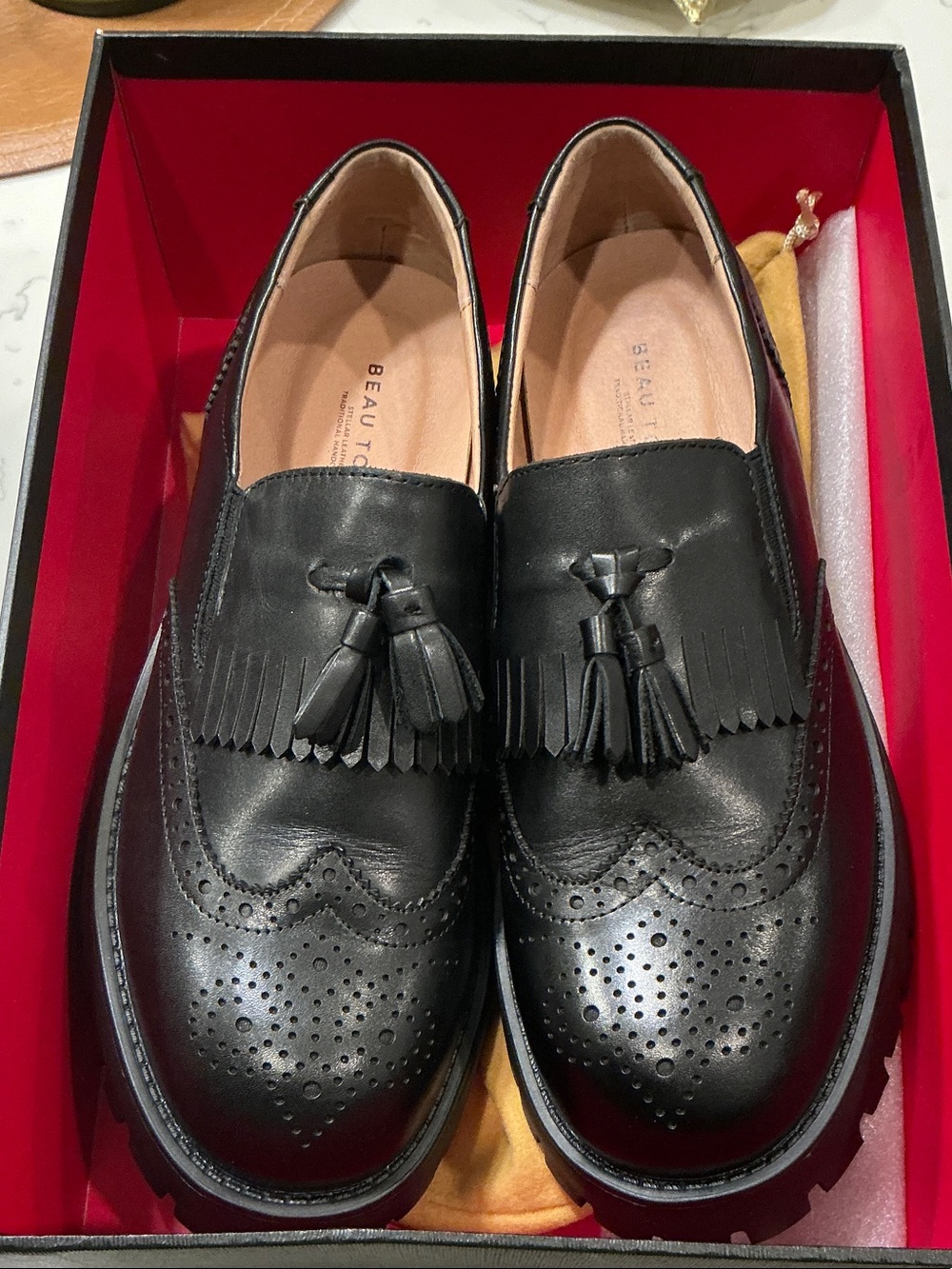 Black Leather Tassel Fringe Loafers for Women